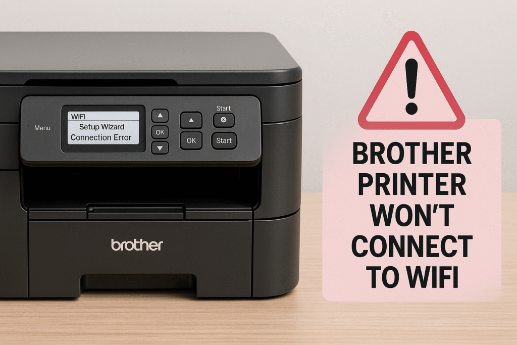 A brother printer with the message "Brother printer won't connect to wifi" alongside it.