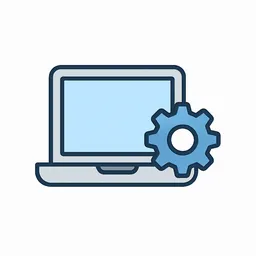PC help hub icon showing a laptop with a gear for computer troubleshooting