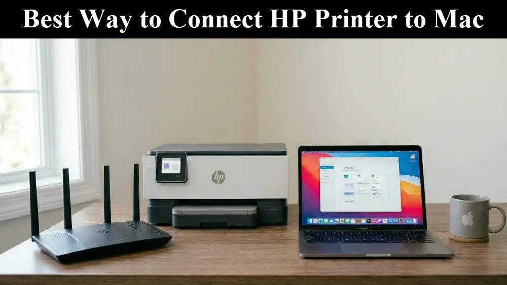 A wireless router, an HP inkjet printer, and an open MacBook laptop arranged side-by-side on a wooden desk in a bright room and the message Best Way to Connect HP Printer to Mac along the top.
