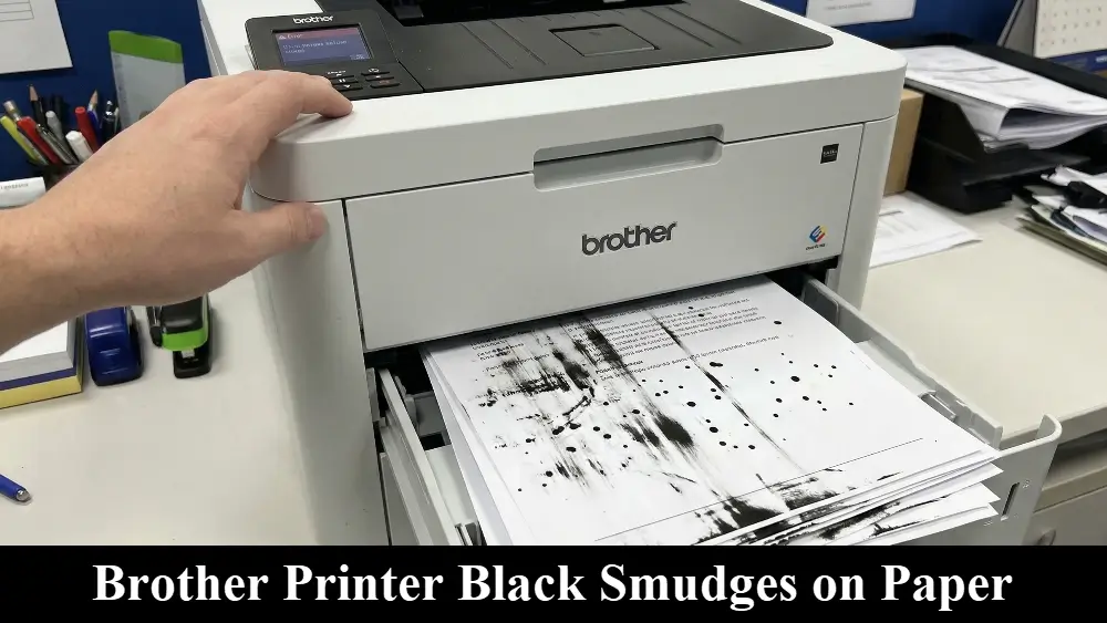 A white Brother laser printer on an office desk with several sheets of paper in the output tray showing heavy black toner smudges and streaks with a message at the bottom saying Brother Printer Black Smudges on Paper on a black bar.