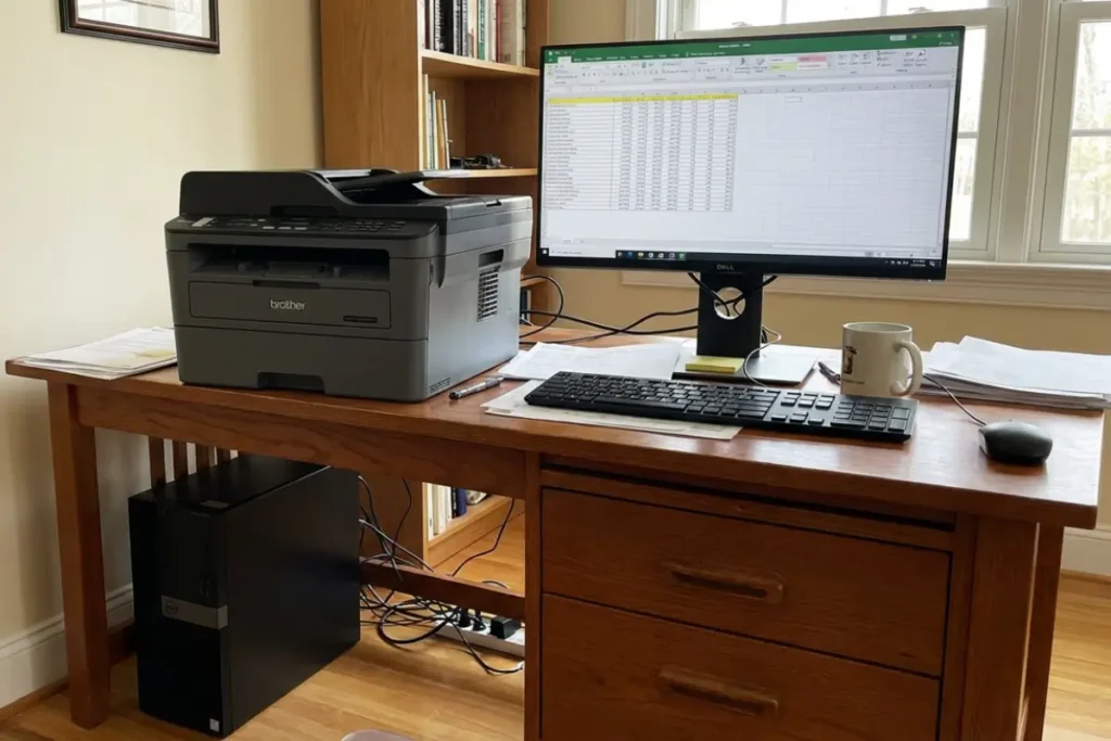 A grey Brother monochrome laser printer on a wooden home office desk next to a Dell monitor displaying a spreadsheet and a desktop PC tower on the floor.