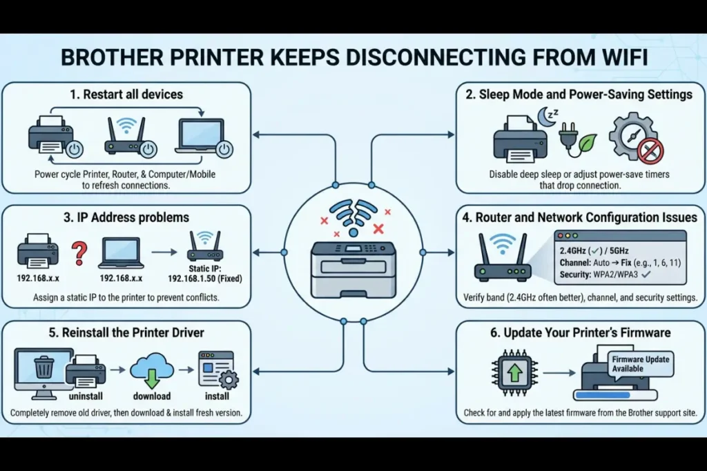A comprehensive troubleshooting infographic titled "Brother Printer Keeps Disconnecting From WiFi" featuring six steps: Restart all devices, Sleep Mode and Power-Saving Settings, IP Address problems, Router and Network Configuration Issues, Reinstall the Printer Driver, and Update Your Printer's Firmware.