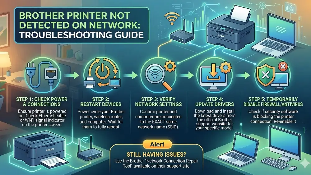A comprehensive infographic illustrating the five steps to troubleshoot a Brother printer not being detected on a network, including checking power, restarting devices, verifying settings, updating drivers, and disabling security.
