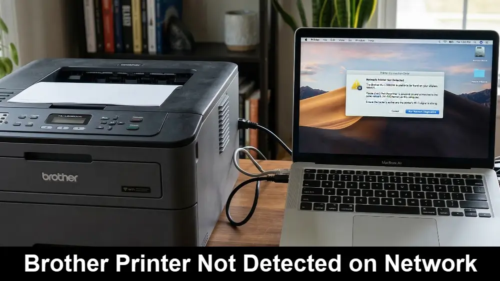 A black Brother laser printer sits on a wooden desk next to an open laptop displaying a "Printer Not Detected" error message window with the words Brother Printer Not Detected on Network on a black bar at the bottom.