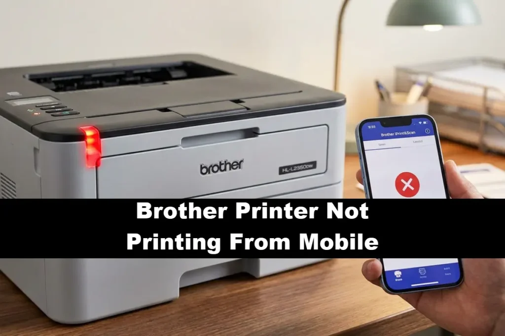 A hand holding a smartphone showing a red connection failure icon in the Brother iPrint&Scan app next to a Brother HL-L2350DW laser printer with a flashing red error light with the phrase "Brother Printer Not Printing From Mobile" on a black bar in the middle.