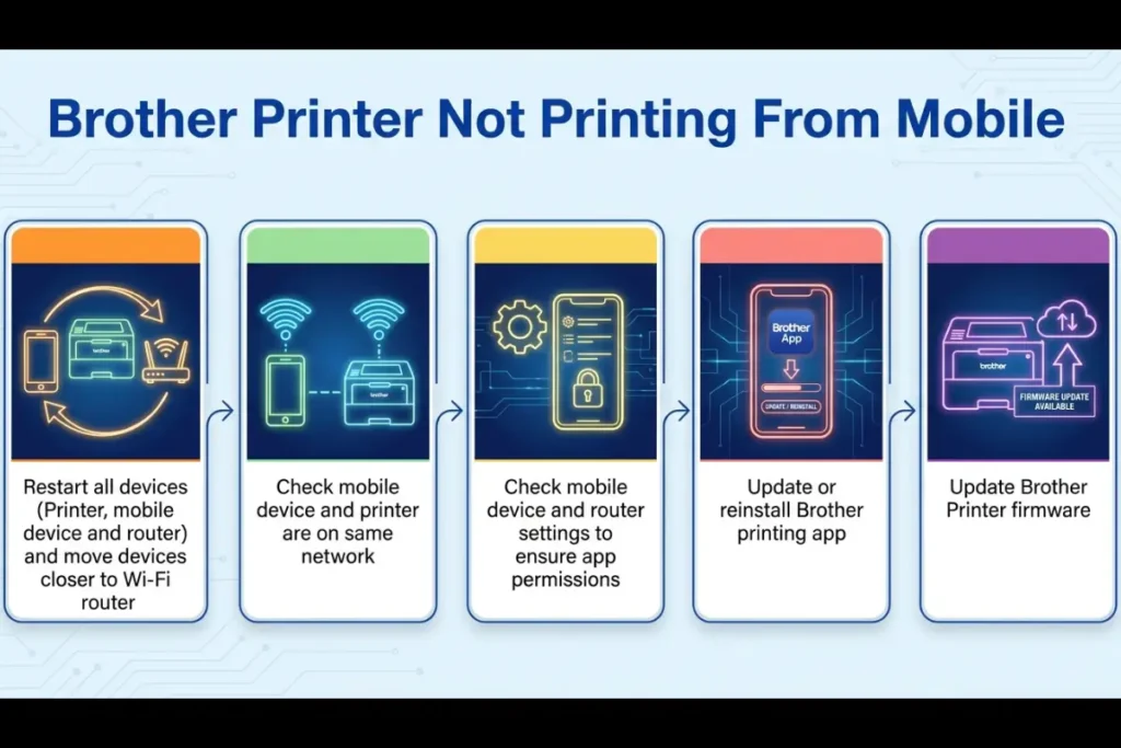 A troubleshooting infographic for "Brother Printer Not Printing From Mobile" featuring five neon-styled step panels: Restart all devices, Check mobile device and printer are on same network, Check mobile device and router settings, Update or reinstall Brother printing app, and Update Brother Printer firmware.