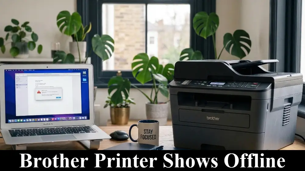 A laptop on a stand next to a Brother all-in-one printer on a wooden desk, with the laptop screen displaying a printer offline error message and a "Stay Focused" mug nearby and the message Brother Printer Shows Offline on a black bar at the bottom.