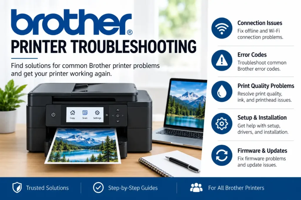 A Brother printer troubleshooting hub graphic showing an all-in-one printer printing a scenic mountain landscape photograph next to an open laptop on a wooden desk, highlighting key troubleshooting topics: Connection Issues, Error Codes, Print Quality Problems, Setup & Installation, and Firmware & Updates.