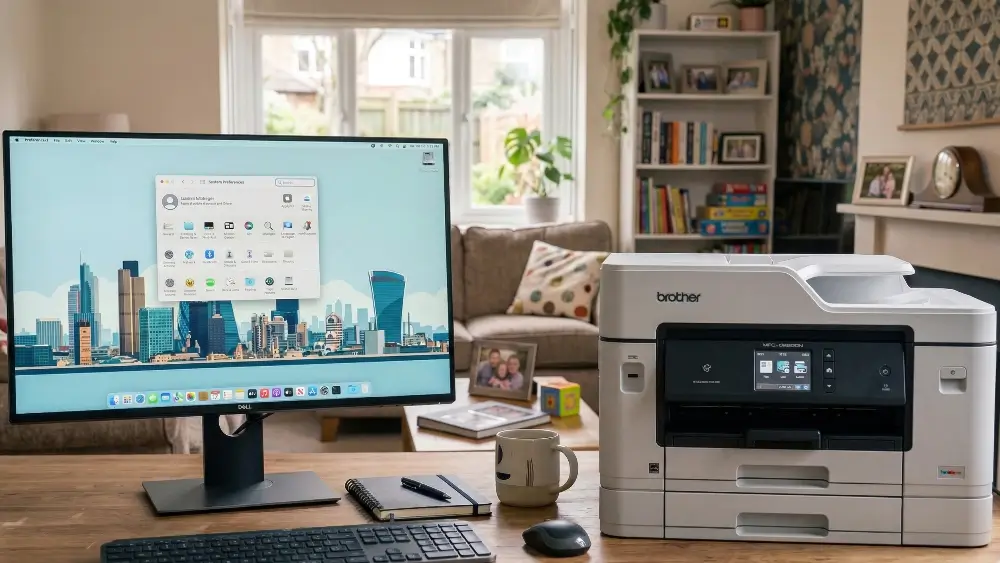 A white Brother inkjet printer and a large computer monitor sitting on a wooden desk in a cozy family living room, with a sofa, bookshelf, and fireplace in the background.
