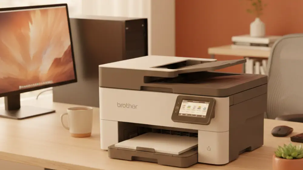 A white and grey Brother all-in-one printer sitting on a light wood desk next to a black desktop computer tower and monitor in a warm-toned home office.