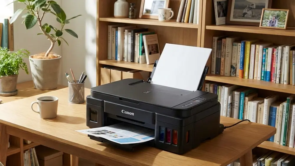 A Canon PIXMA G2000 printer on a wooden desk in a cozy home office setup with bookshelves in the background.