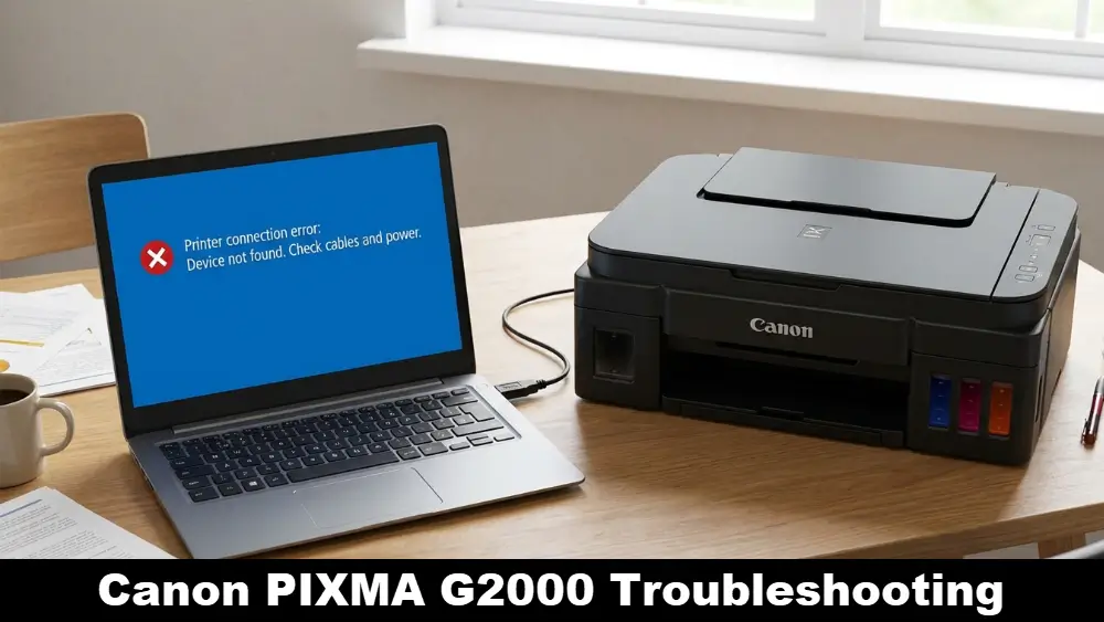 Laptop displaying printer connection error next to a Canon printer on a wooden table with the words Canon PIXMA G2000 Troubleshooting on a black bar at the bottom.