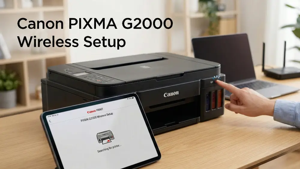A Canon PIXMA G2000 series printer on a wooden desk being set up wirelessly via a tablet and laptop in a bright home office with the message Canon PIXMA G2000 Wireless Setup on top.