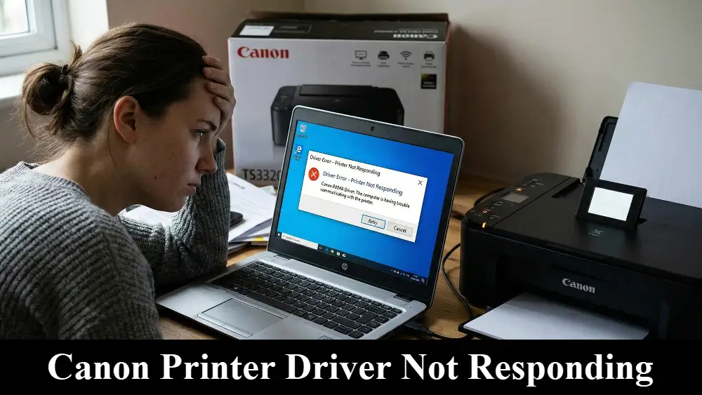 A frustrated woman sits at a desk with her head in her hand, looking at a laptop screen displaying a "Driver Error - Printer Not Responding" message next to a Canon printer with the message Canon Printer Driver Not Responding on a black bar at the bottom.