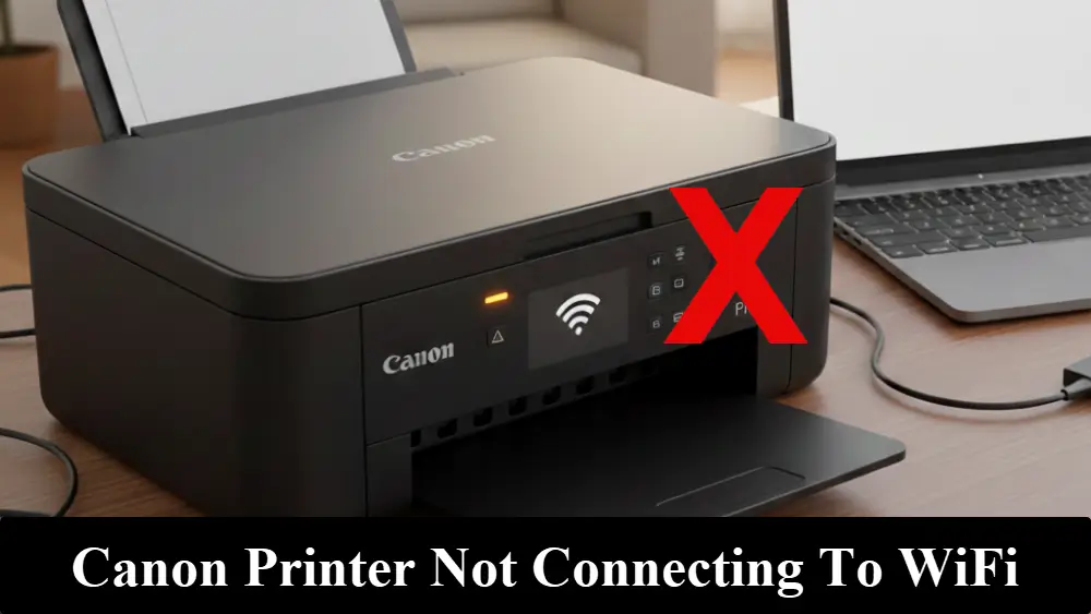 A Canon inkjet printer on a wooden desk in a home living room, showing a Wi-Fi error on its screen next to a laptop with the message Canon Printer Not Connecting to WiFi along the bottom of the image.