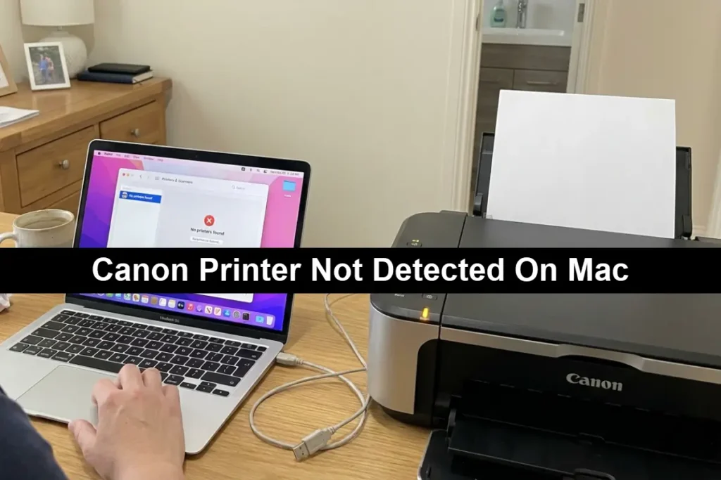 A silver and black Canon printer sitting on a desk next to an open MacBook laptop showing a "No printers found" error message in the macOS Print & Scan settings with the phrase Canon Printer Not Detected On Mac on a black bar in the middle.