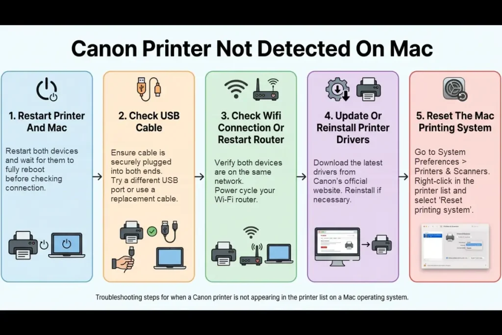 A troubleshooting infographic for "Canon Printer Not Detected On Mac" featuring five steps: Restart Printer And Mac, Check USB Cable, Check Wifi Connection Or Restart Router, Update Or Reinstall Printer Drivers, and Reset The Mac Printing System.