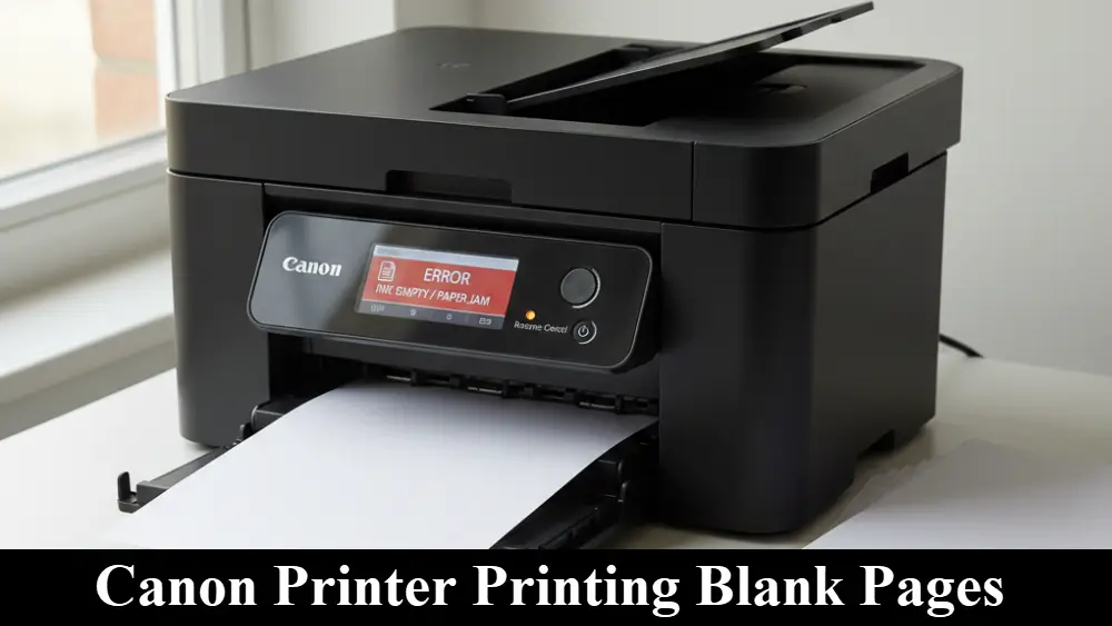 A black Canon inkjet printer sitting on a white desk, outputting a completely blank sheet of paper while displaying a red error message on its screen and the message "Canon Printer Printing Blank Pages" along the bottom.