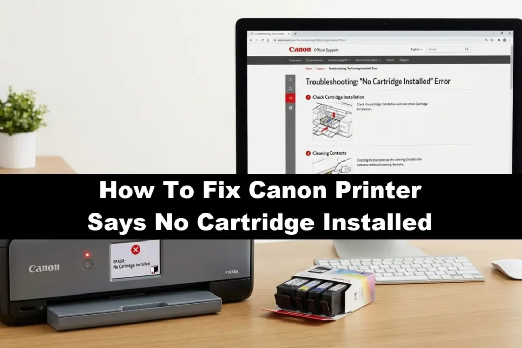 A Canon PIXMA printer displaying an "ERROR: No Cartridge Installed" screen sits on a desk next to a pack of ink cartridges and a computer monitor showing a Canon Official Support troubleshooting webpage with the phrase "How To Fix Canon Printer Says No Cartridge Installed" on a black bar in the middle.