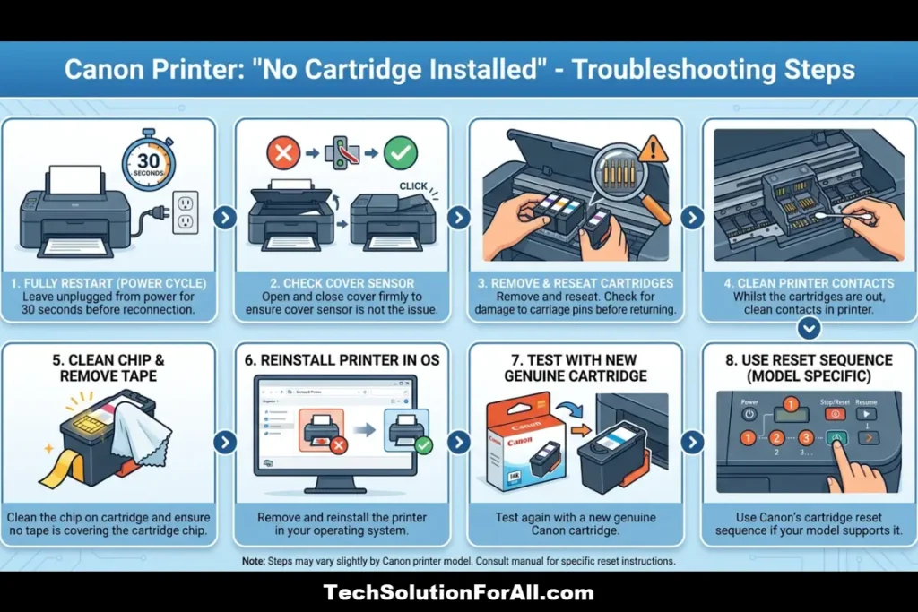 A technical troubleshooting infographic titled "Canon Printer: 'No Cartridge Installed' - Troubleshooting Steps" showing an 8-step process including Power Cycle, Check Cover Sensor, Remove & Reseat Cartridges, Clean Printer Contacts, Clean Chip & Remove Tape, Reinstall Printer in OS, Test with New Genuine Cartridge, and Use Reset Sequence.