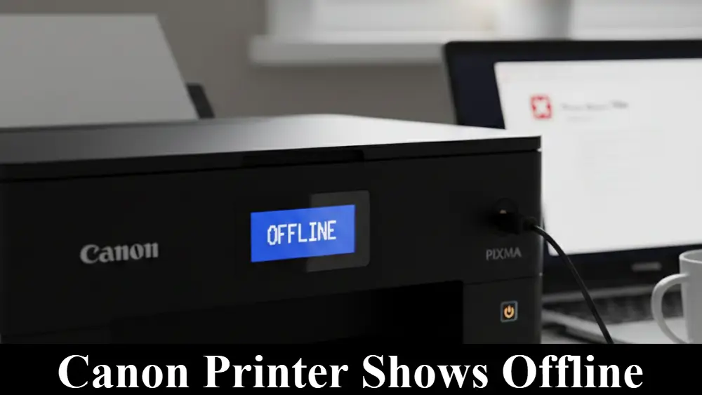 A black Canon PIXMA printer sitting on a white desk with a small digital screen clearly displaying the word "OFFLINE" in blue with the message "Canon Printer Shows Offline" at the bottom.