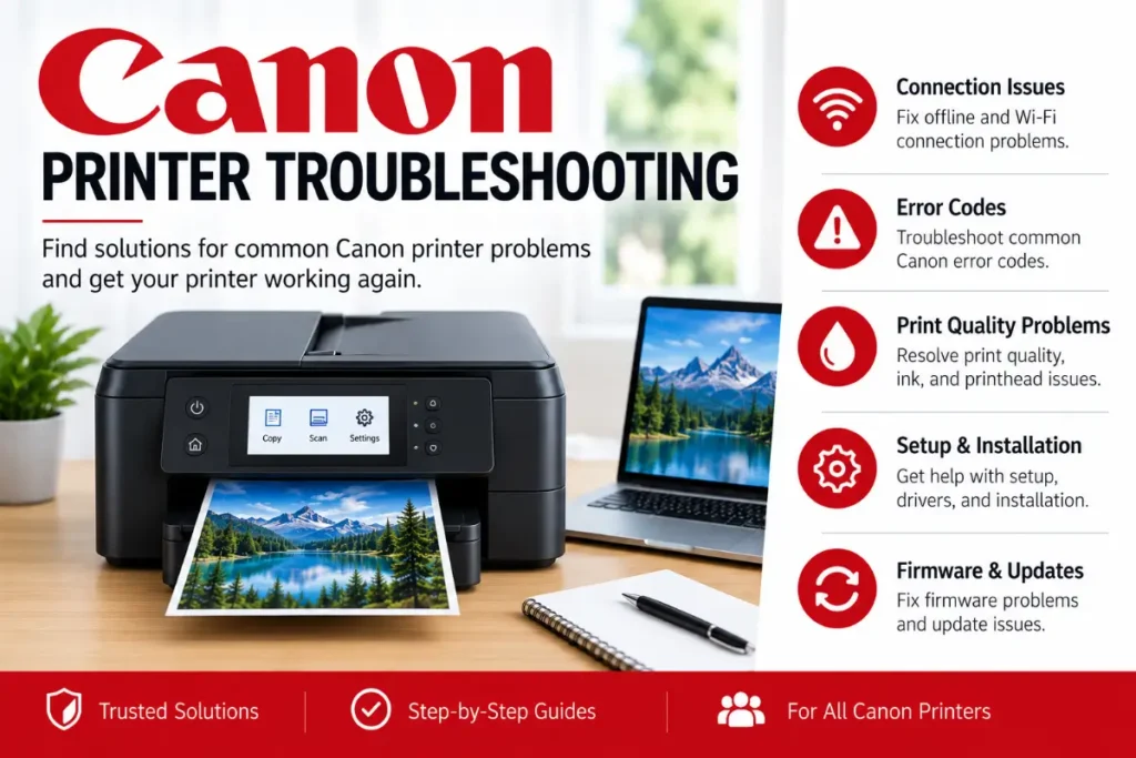 A Canon printer troubleshooting hub graphic showing an all-in-one printer printing a scenic mountain landscape photograph next to an open laptop on a wooden desk, highlighting key troubleshooting topics: Connection Issues, Error Codes, Print Quality Problems, Setup & Installation, and Firmware & Updates.