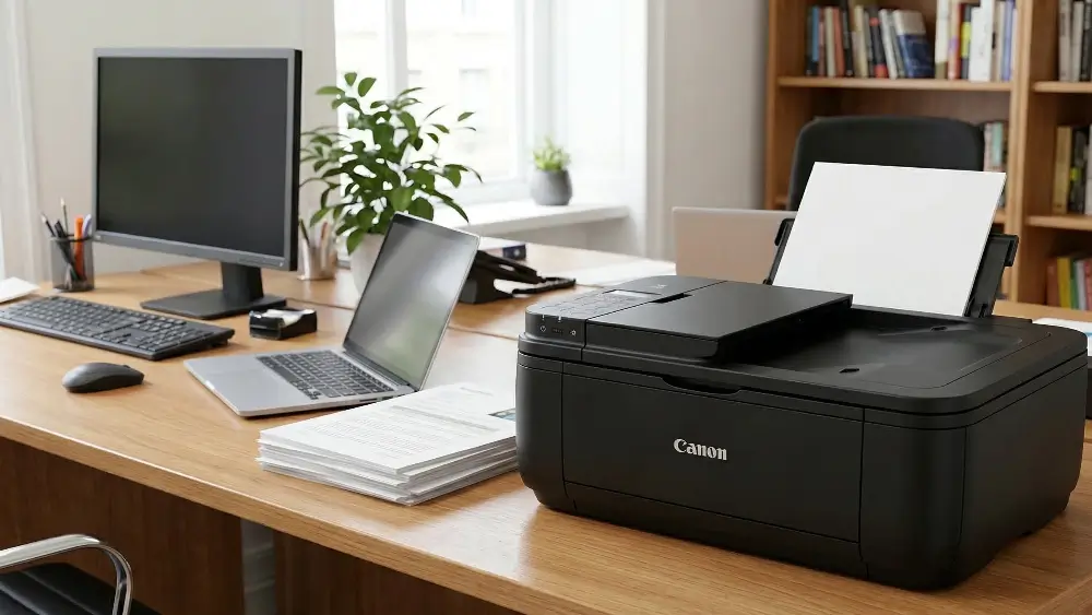 A sleek, black Canon all-in-one inkjet printer sits on a light wood desk in a modern, well-lit home office alongside a laptop and desktop monitor.