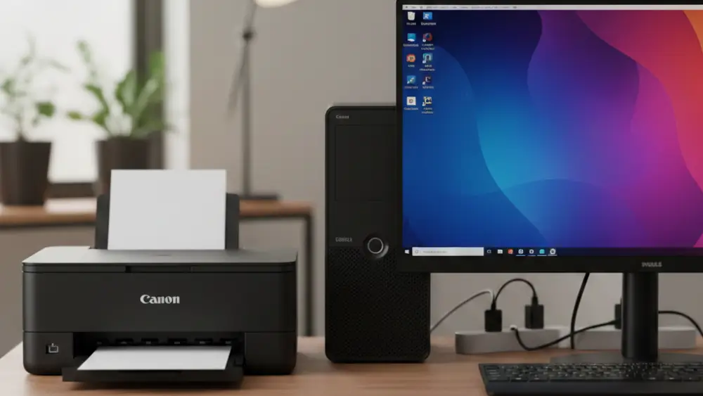 A sleek black Canon inkjet printer sits on a wooden desk next to a black desktop tower and a slim computer monitor, all facing forward in a brightly lit room.