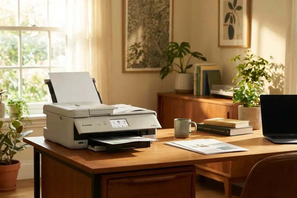 A white Canon PIXMA all-in-one printer and scanner on a wooden desk in a bright, sunlit home office with indoor plants and a laptop.