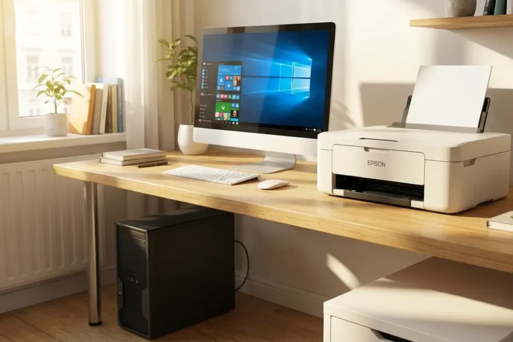A white Epson compact inkjet printer on a light wood desk next to a desktop computer monitor in a sunlit home office.