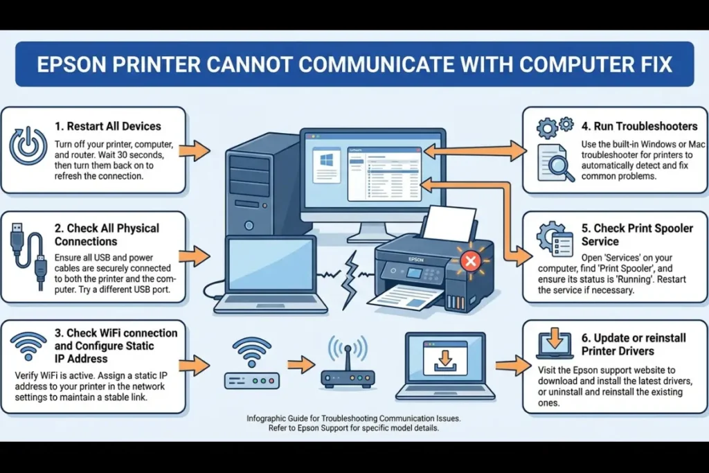 A troubleshooting infographic for "Epson Printer Cannot Communicate With Computer" featuring six steps: Restart All Devices, Check All Physical Connections, Check WiFi connection and Configure Static IP Address, Run Troubleshooters, Check Print Spooler Service, and Update or reinstall Printer Drivers.
