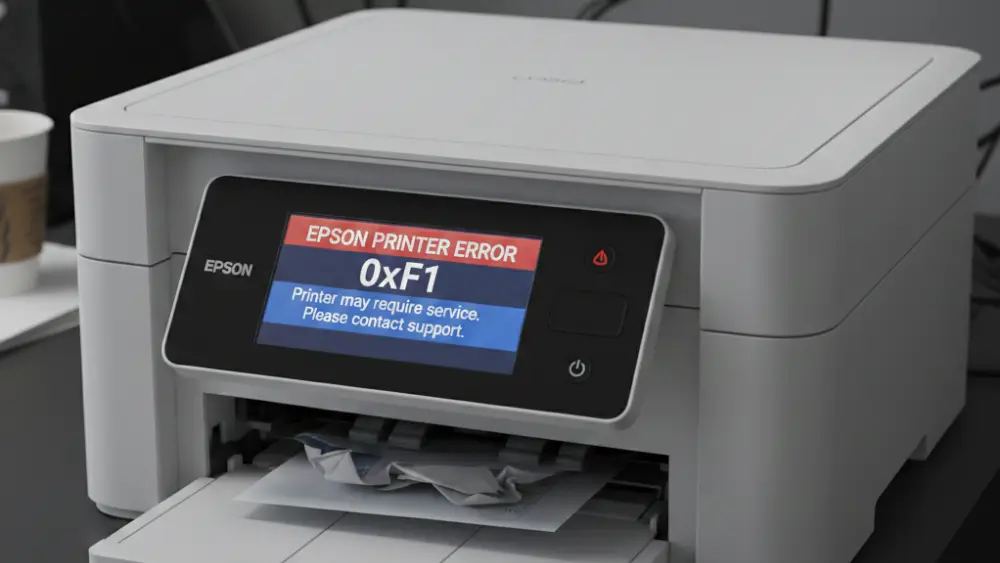 A white Epson printer on a dark desk displaying a red and blue "Epson Printer Error 0xF1" error message on its digital screen with a visible paper jam in the output tray.