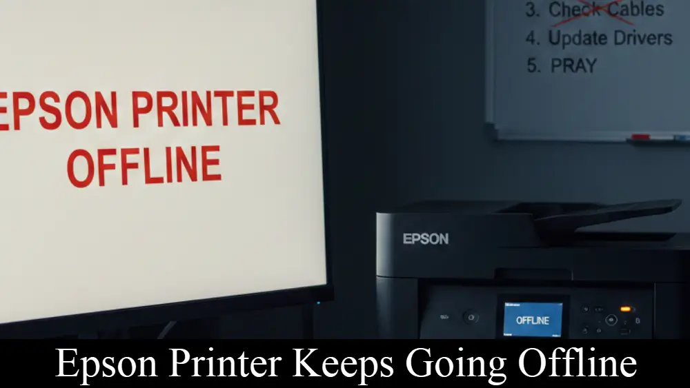 A computer monitor that displays "EPSON PRINTER OFFLINE" in large red letters next to an Epson printer and the message "Epson Printer Keeps Going Offline" at the bottom.