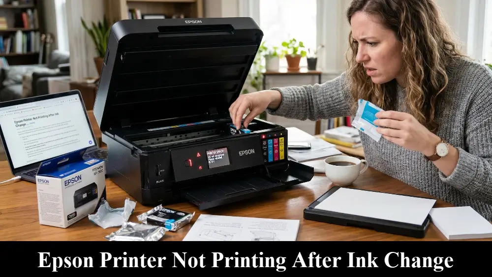 A frustrated woman in a home office stares with confusion at an open Epson printer, holding a new ink cartridge while the printer displays an error message next to a laptop showing troubleshooting tips with the message Epson Printer Not Printing After Ink Change on a black bar at the bottom.