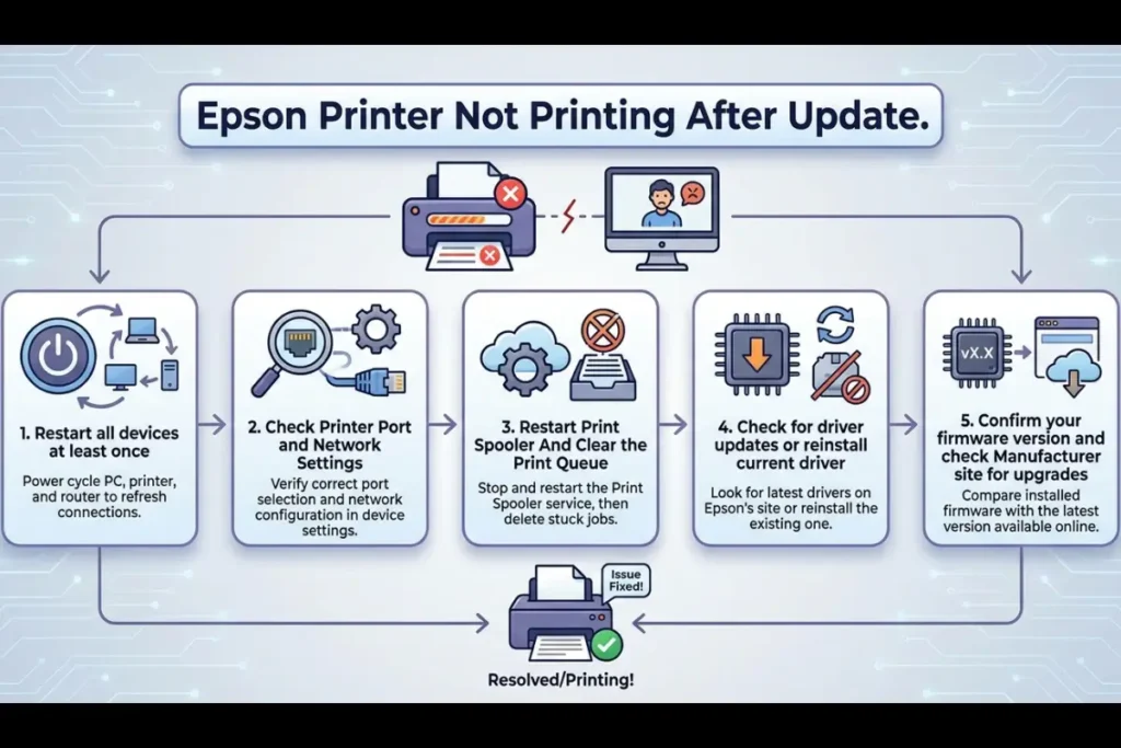 A troubleshooting infographic for "Epson Printer Not Printing After Update" detailing five steps: Restart all devices, Check Printer Port and Network Settings, Restart Print Spooler and Clear the Print Queue, Check for driver updates or reinstall current driver, and Confirm your firmware version.