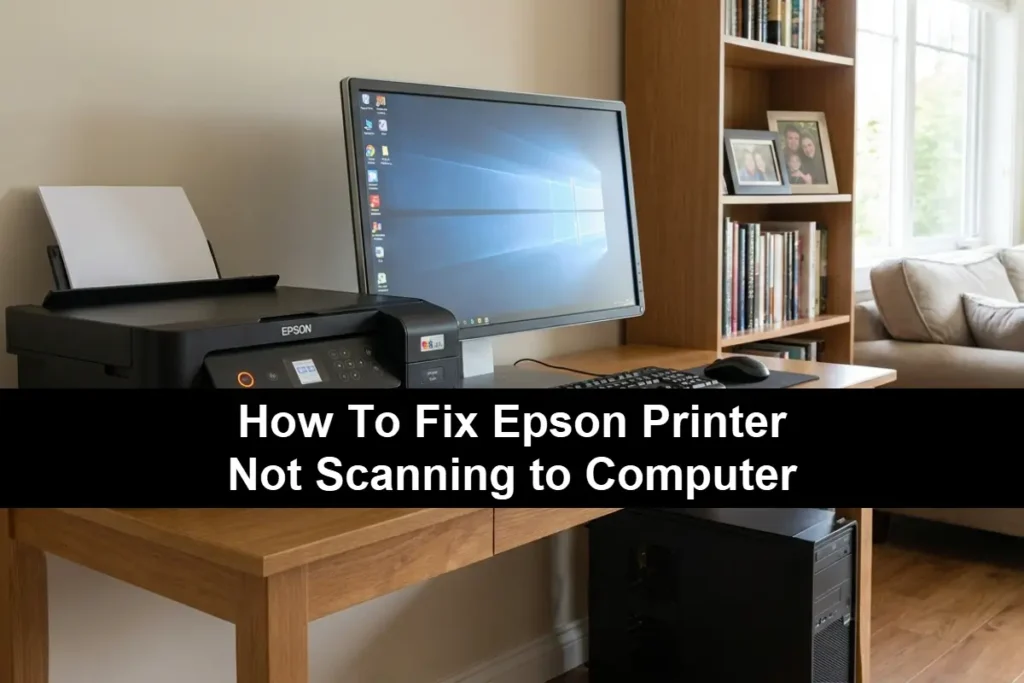 An Epson EcoTank printer on a wooden desk next to a desktop computer monitor in a home office setting, with a title overlay reading "How To Fix Epson Printer Not Scanning to Computer."
