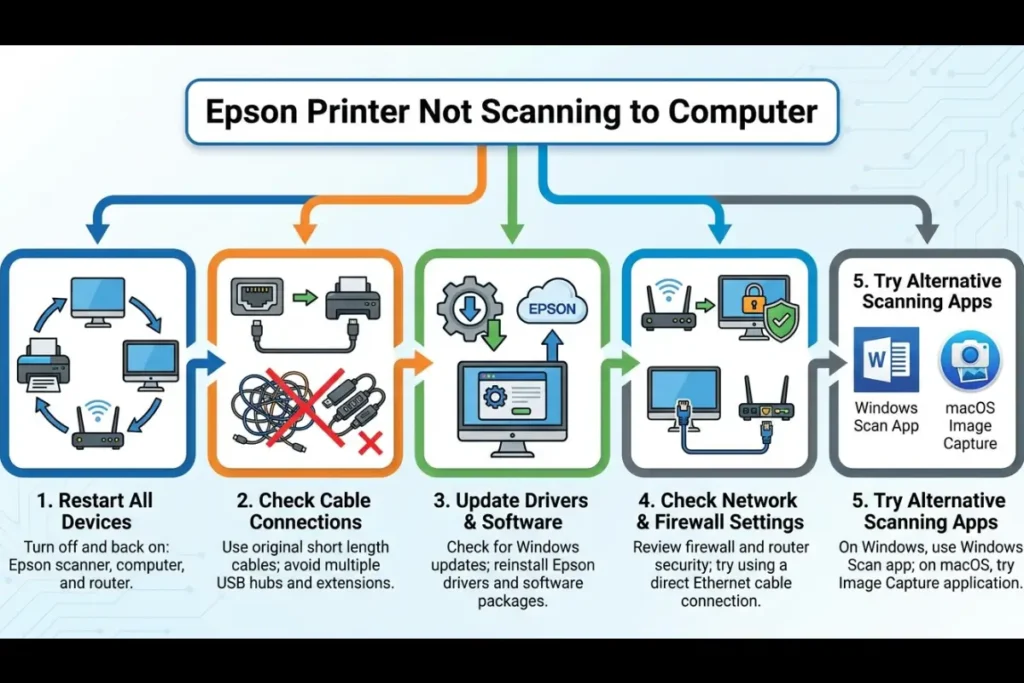 A five-step troubleshooting infographic for "Epson Printer Not Scanning to Computer" including Restart All Devices, Check Cable Connections, Update Drivers & Software, Check Network & Firewall Settings, and Try Alternative Scanning Apps.
