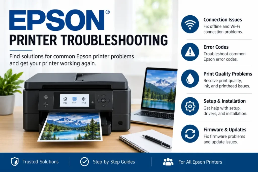 An Epson printer troubleshooting hub graphic showing an all-in-one printer printing a vibrant landscape photo next to a laptop on a desk, highlighting key troubleshooting topics: Connection Issues, Error Codes, Print Quality Problems, Setup & Installation, and Firmware & Updates.