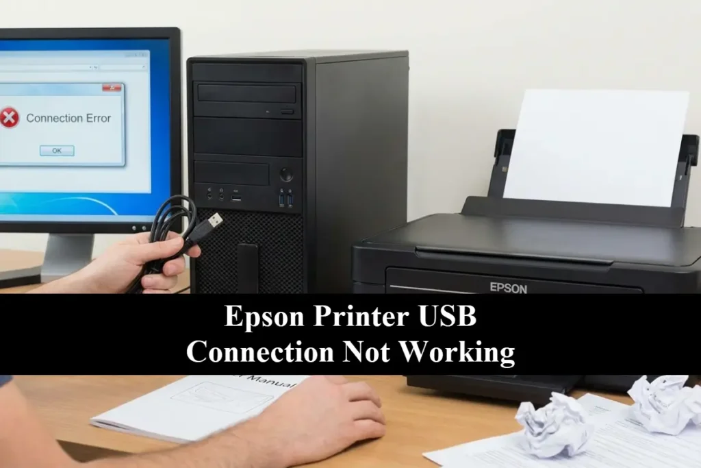 A person holding a black USB cable in front of an Epson printer and a desktop computer displaying a "Connection Error" message on the monitor with the phrase Epson Printer USB Connection Not Working on a black bar in the middle.