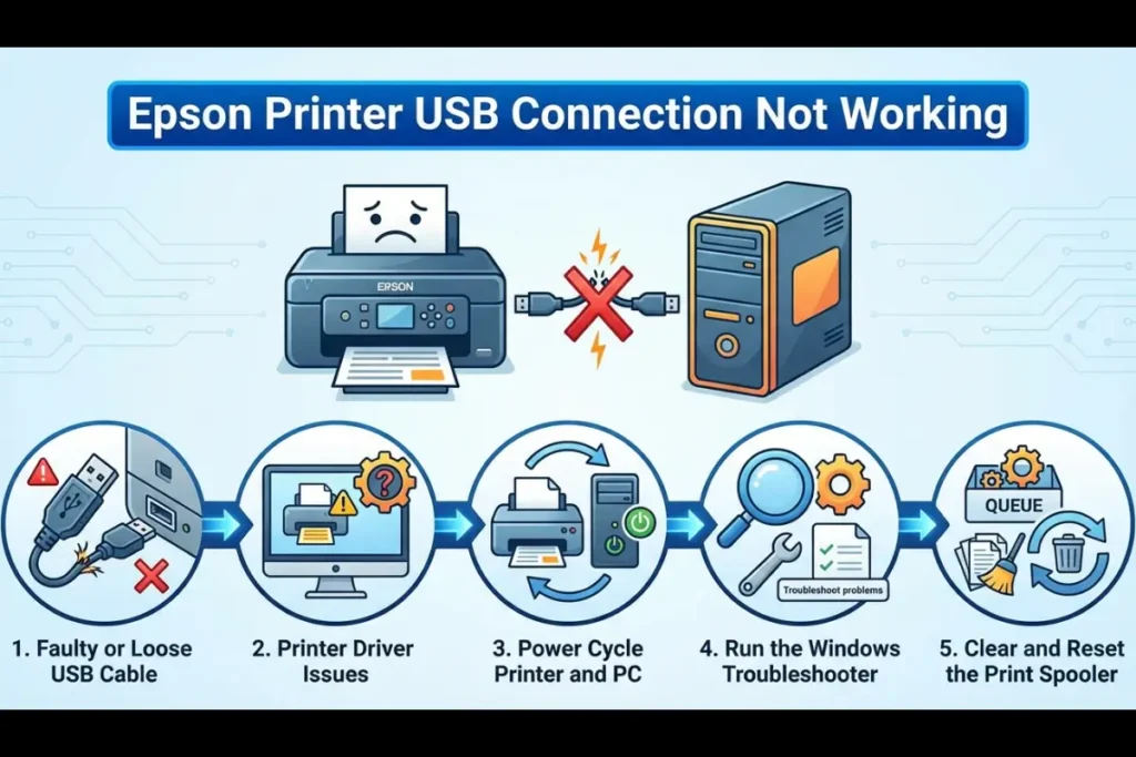 A troubleshooting infographic for "Epson Printer USB Connection Not Working" featuring five steps: Faulty or Loose USB Cable, Printer Driver Issues, Power Cycle Printer and PC, Run the Windows Troubleshooter, and Clear and Reset the Print Spooler.