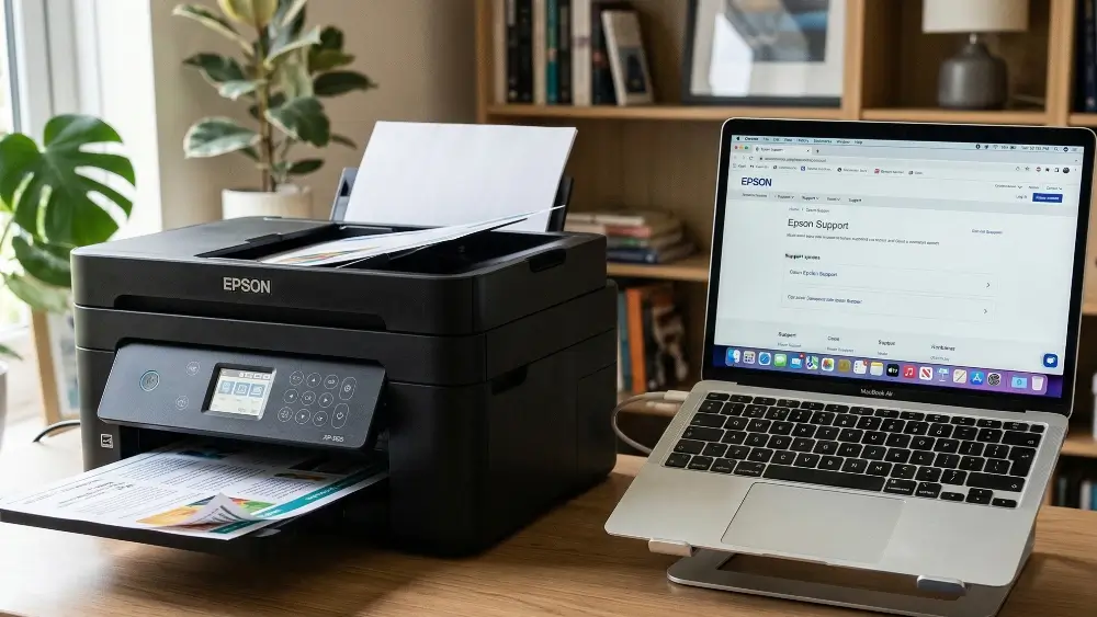A black Epson inkjet printer on a light wood desk next to an open laptop on a silver stand, a coffee mug, and a small plant in a bright room.