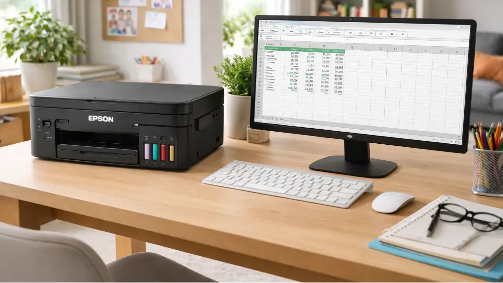 Epson printer next to a computer monitor displaying a spreadsheet on a wooden desk in a bright family home office.