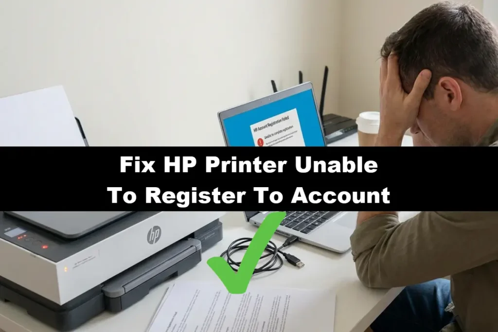 A frustrated person holding their head while looking at a laptop showing an "HP Account Registration Failed" error next to an HP OfficeJet printer with the phrase HP Printer Unable To Register To Account on a black bar in the middle.