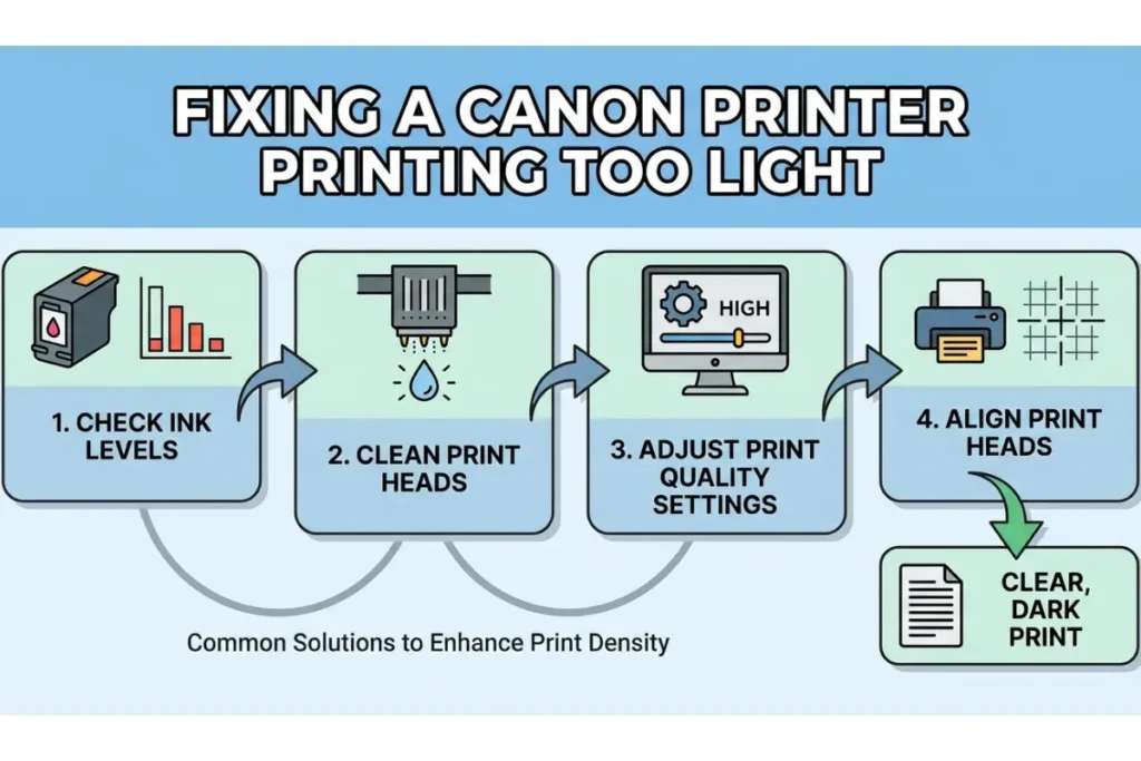 A four-step infographic for "Fixing a Canon Printer Printing Too Light" featuring icons for Check Ink Levels, Clean Print Heads, Adjust Print Quality Settings, and Align Print Heads.