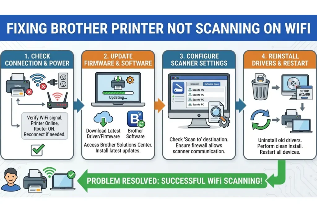 A troubleshooting infographic titled "Fixing Brother Printer Not Scanning on WiFi" showing four main steps: Check Connection & Power, Update Firmware & Software, Configure Scanner Settings, and Reinstall Drivers & Restart.