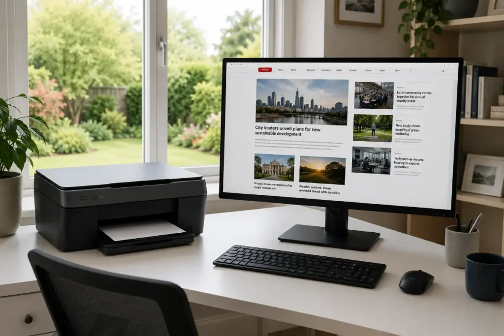 A modern desktop workspace featuring a black all-in-one printer next to a large computer monitor displaying a news website, set on a white desk beside a large window overlooking a garden.