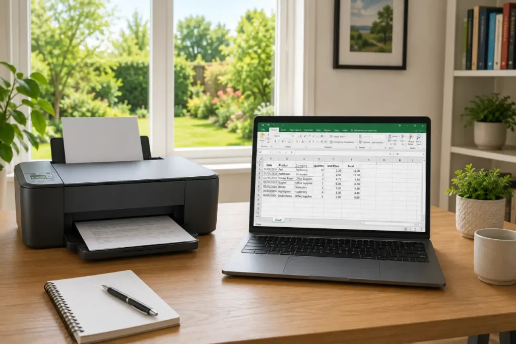 A compact black inkjet printer with printed documents sitting on a wooden desk next to an open laptop displaying a spreadsheet, with a spiral notebook, pen, and coffee mug in a bright office environment.