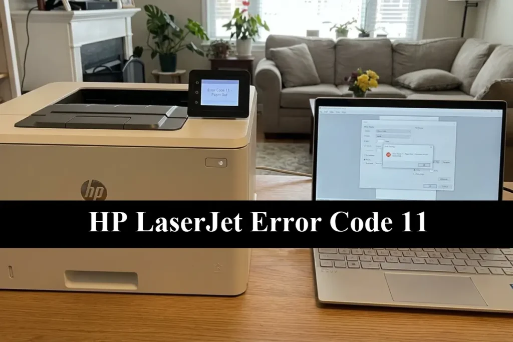 An HP LaserJet printer on a wooden desk displaying "Error Code 11 - Paper Out" on its screen, next to an open laptop showing a matching error message with the phrase HP LaserJet Error Code 11 on a black bar in the middle.