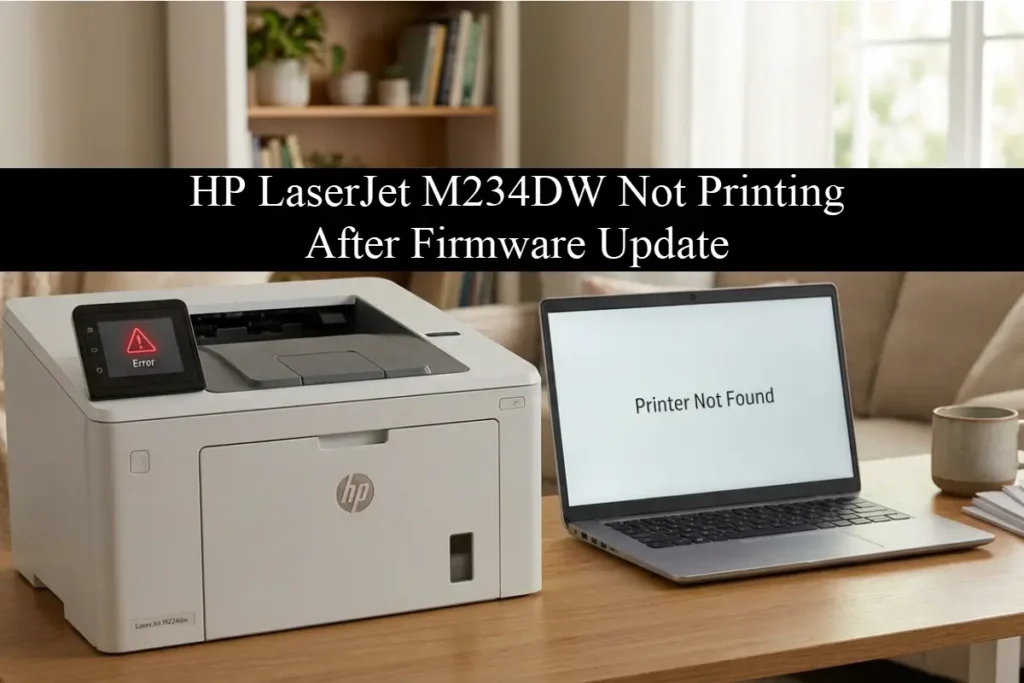 An HP LaserJet M234dw printer displaying a red error icon on its screen next to a laptop showing a "Printer Not Found" message on a wooden desk with the phrase HP LaserJet M234dw Not Printing After Firmware Update on a black bar at the top.