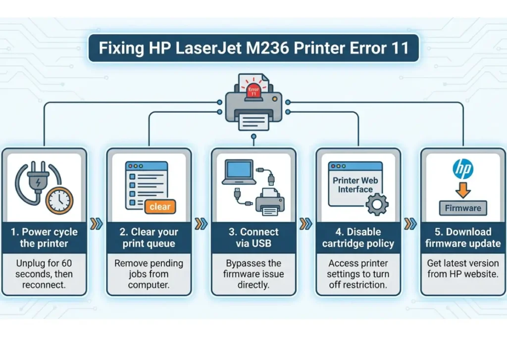 A five-step troubleshooting infographic for fixing HP LaserJet M236 Printer Error 11, including instructions for power cycling, clearing the print queue, USB connection, disabling cartridge policy, and firmware updates